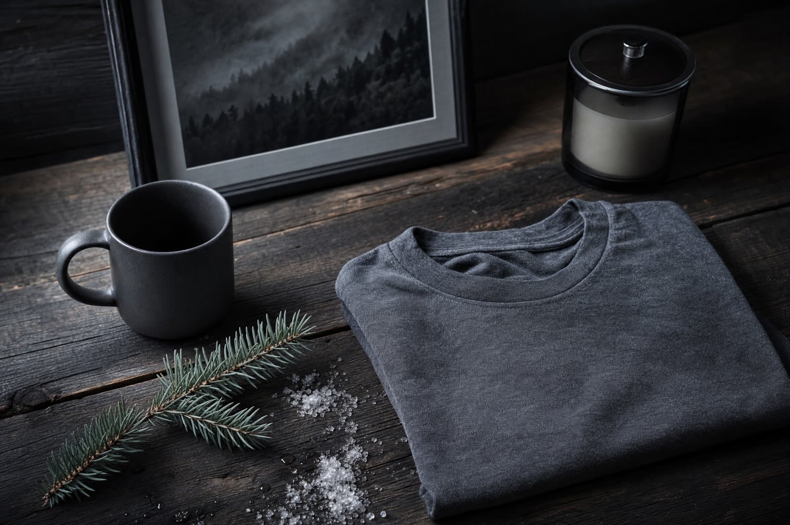Mugs, a folded tee, a candle and a framed print laid out on dark spruce