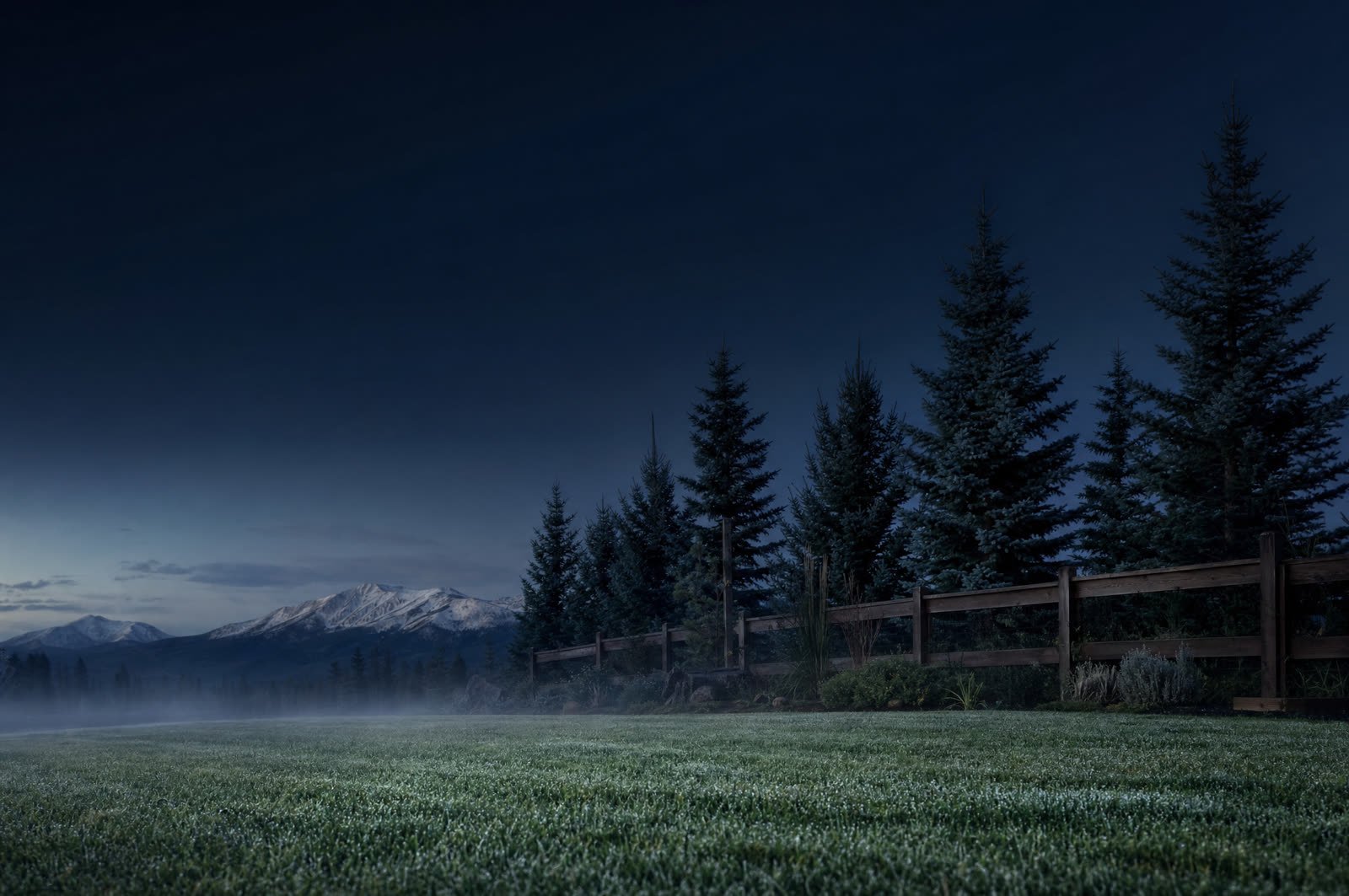 A clean mountain backyard lawn at dawn in the Roaring Fork Valley